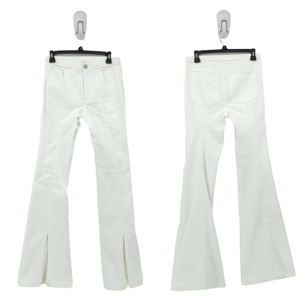 CINQ A SEPT Women 0 Ferna Jeans White Braided Flared Split High Waist Denim NEW
